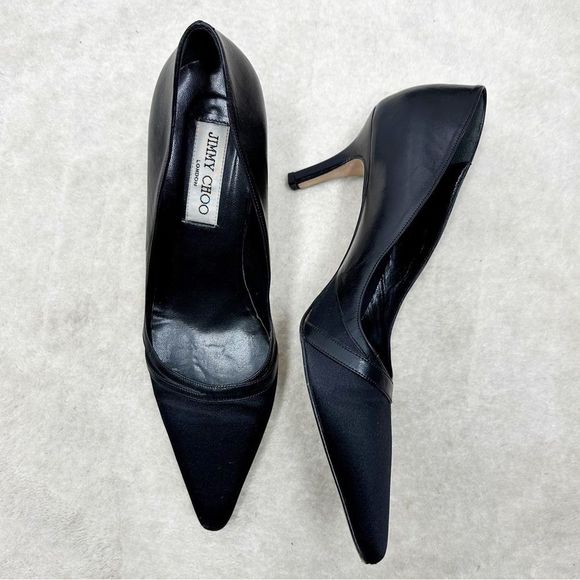 Jimmy Choo Shoes - Jimmy Choo London Black Leather & Satin Pointed Toe Kitten Heels Size 38.5 US8.5